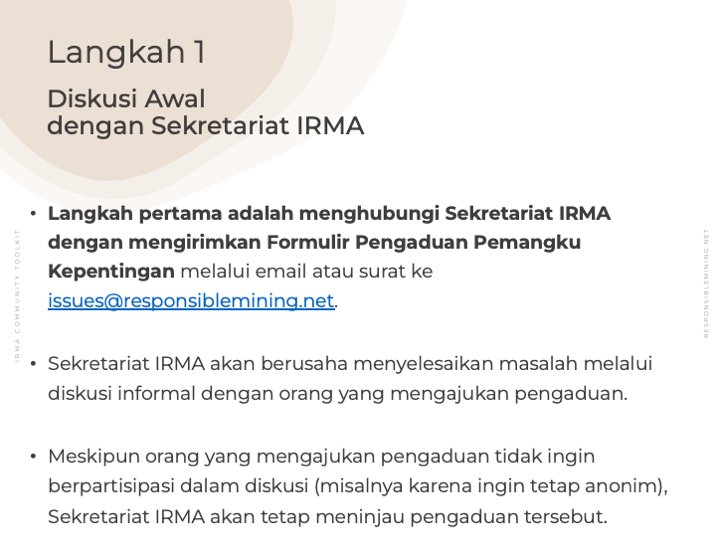 Langkah 1: Diskusi Awaldengan Sekretariat IRMA 